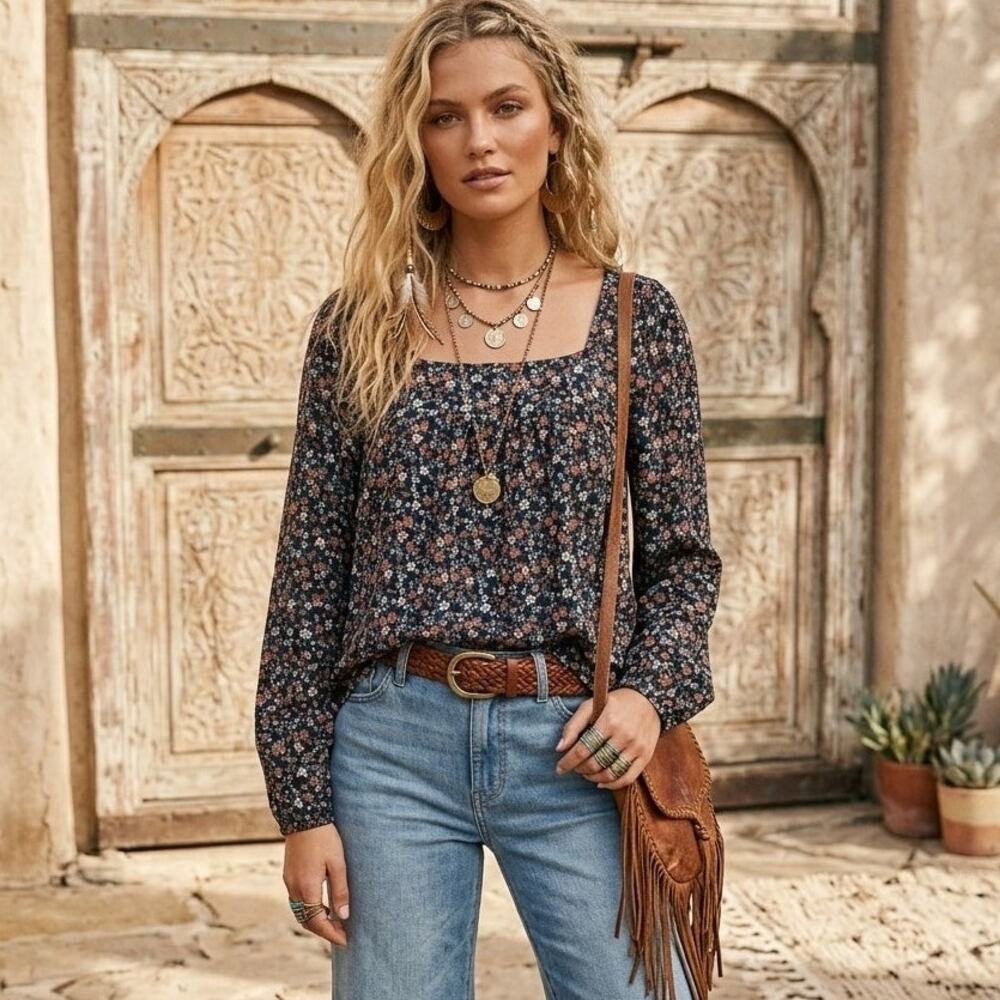 Lucky Brand Blue Floral Long Sleeve Tee Womens Large Square Neck Knit Boho Top - Picture 11 of 11